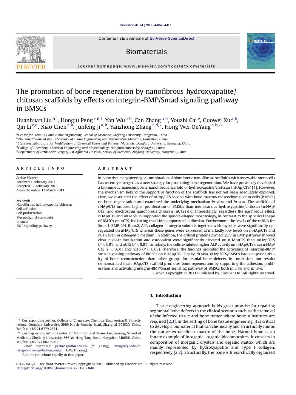 The promotion of bone regeneration by nanofibrous hydroxyapatite/chitosan scaffolds by effects on integrin-BMP/Smad signaling pathway in BMSCs