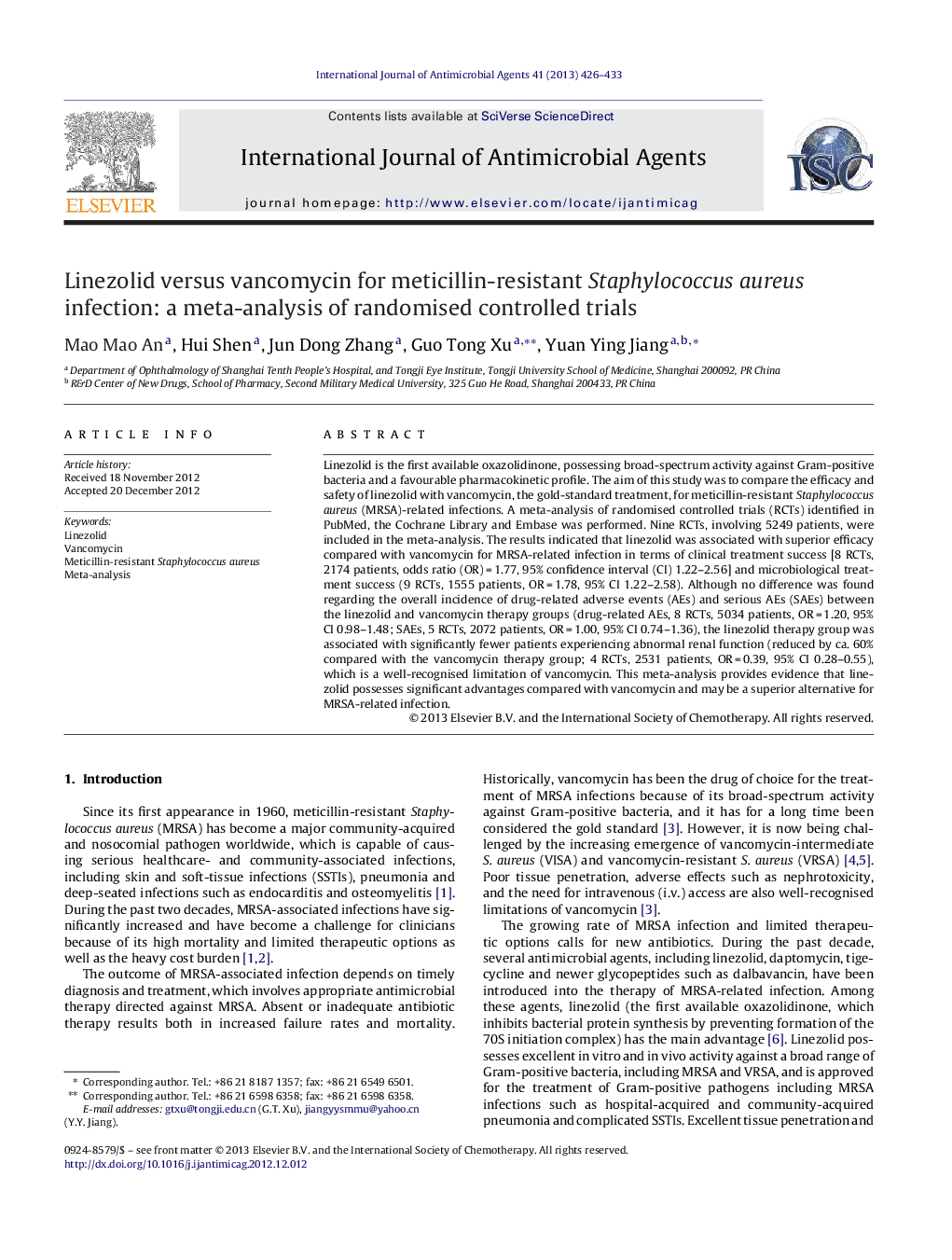 Linezolid versus vancomycin for meticillin-resistant Staphylococcus aureus infection: a meta-analysis of randomised controlled trials