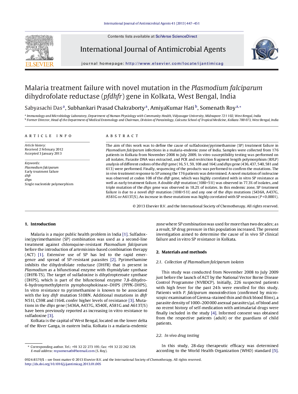 Malaria treatment failure with novel mutation in the Plasmodium falciparum dihydrofolate reductase (pfdhfr) gene in Kolkata, West Bengal, India