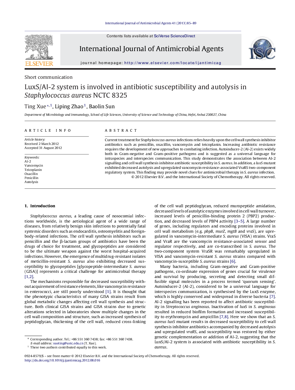 LuxS/AI-2 system is involved in antibiotic susceptibility and autolysis in Staphylococcus aureus NCTC 8325