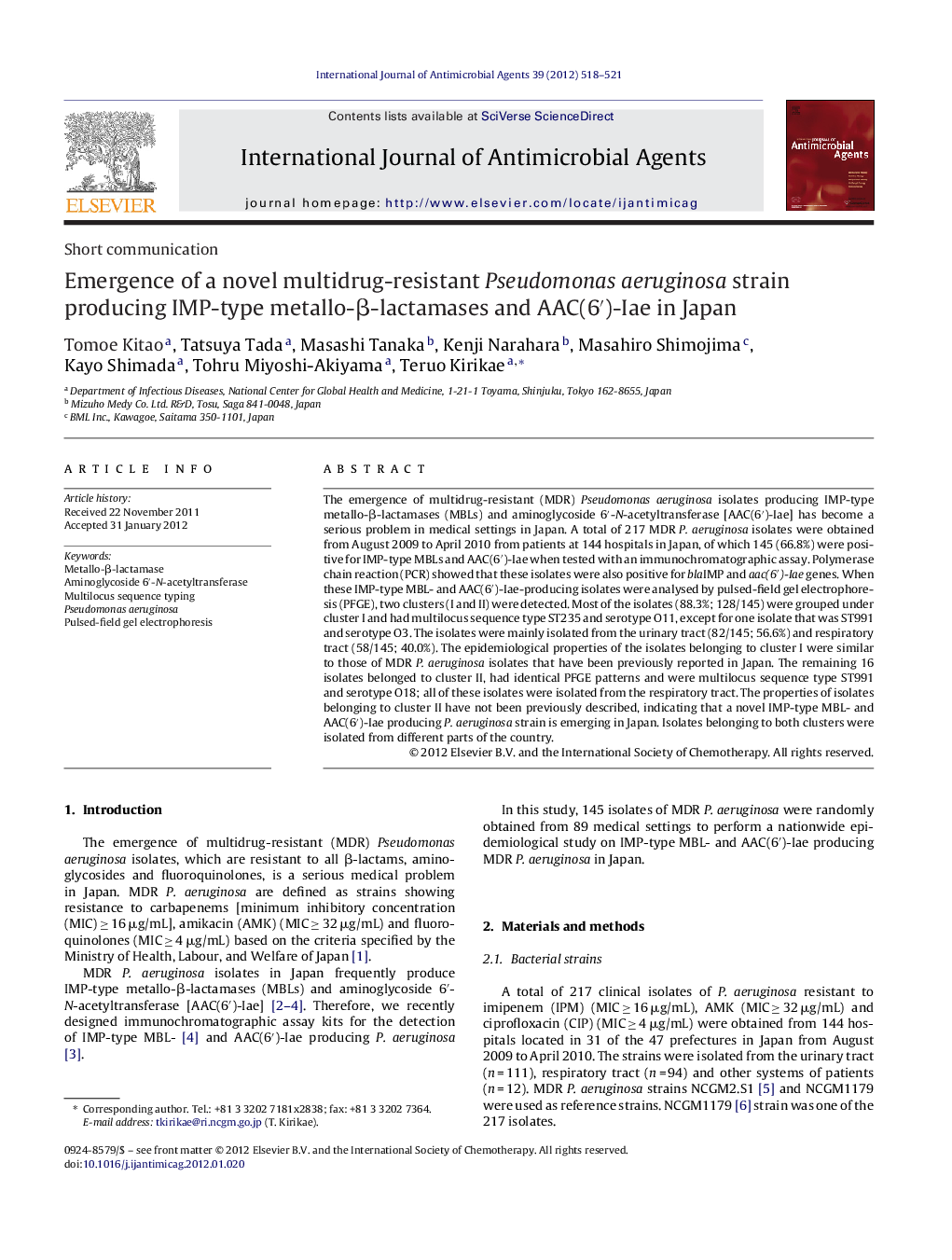 Emergence of a novel multidrug-resistant Pseudomonas aeruginosa strain producing IMP-type metallo-Î²-lactamases and AAC(6â²)-Iae in Japan