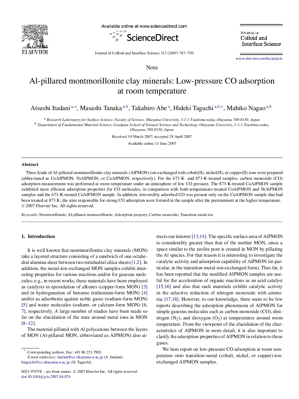 Al-pillared montmorillonite clay minerals: Low-pressure CO adsorption at room temperature