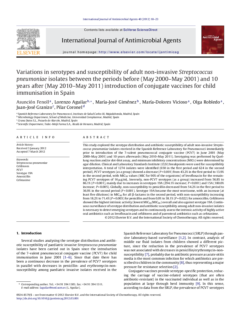 Variations in serotypes and susceptibility of adult non-invasive Streptococcus pneumoniae isolates between the periods before (May 2000-May 2001) and 10 years after (May 2010-May 2011) introduction of conjugate vaccines for child immunisation in Spain