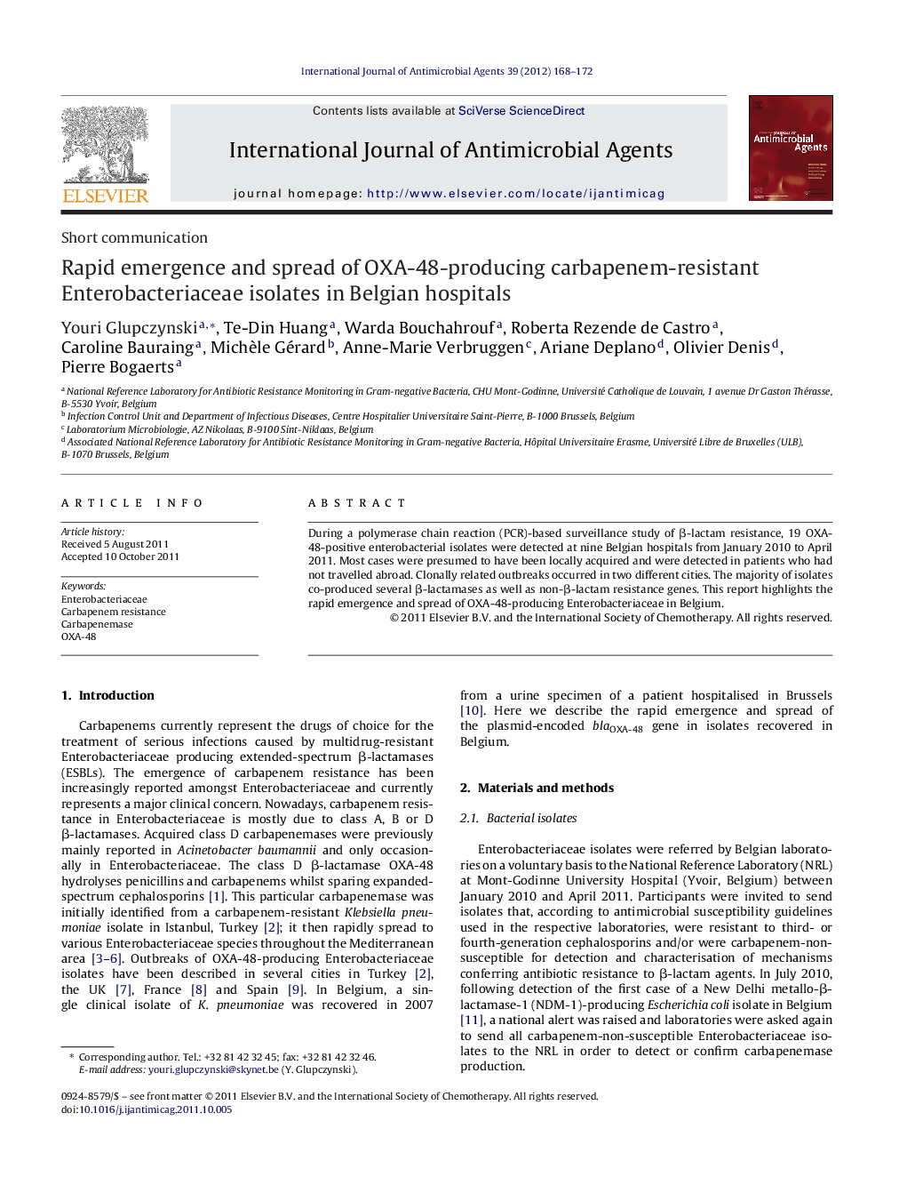 Rapid emergence and spread of OXA-48-producing carbapenem-resistant Enterobacteriaceae isolates in Belgian hospitals