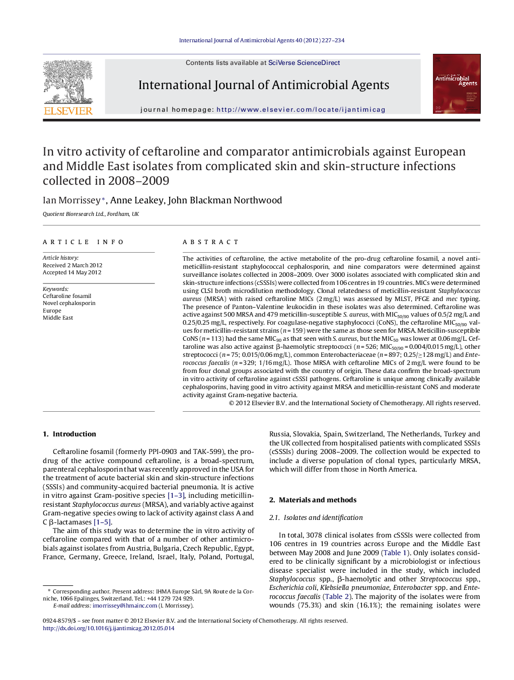 In vitro activity of ceftaroline and comparator antimicrobials against European and Middle East isolates from complicated skin and skin-structure infections collected in 2008-2009