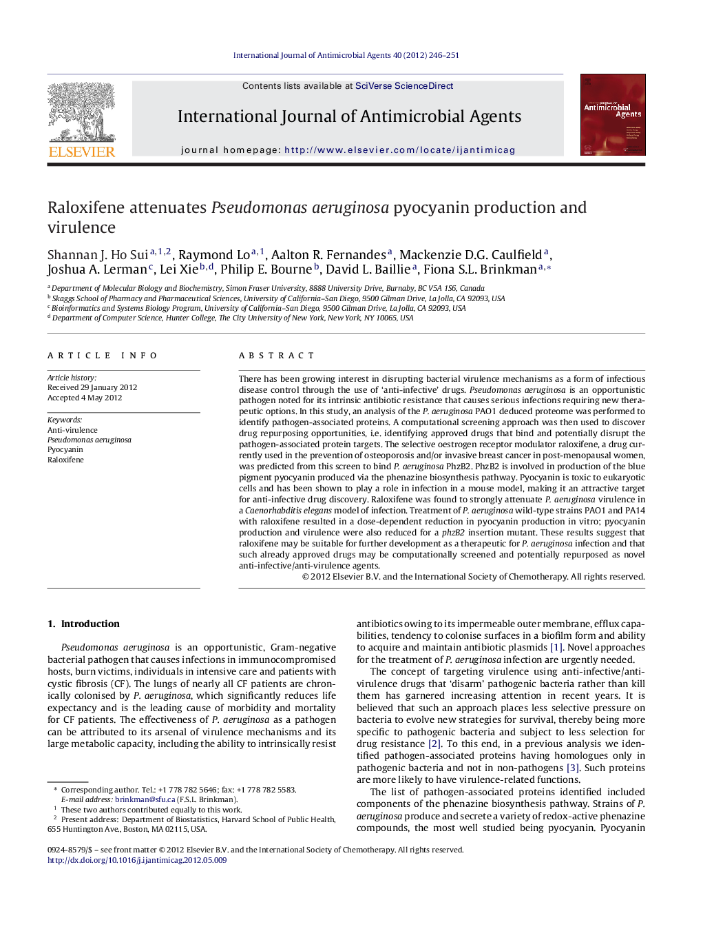 Raloxifene attenuates Pseudomonas aeruginosa pyocyanin production and virulence