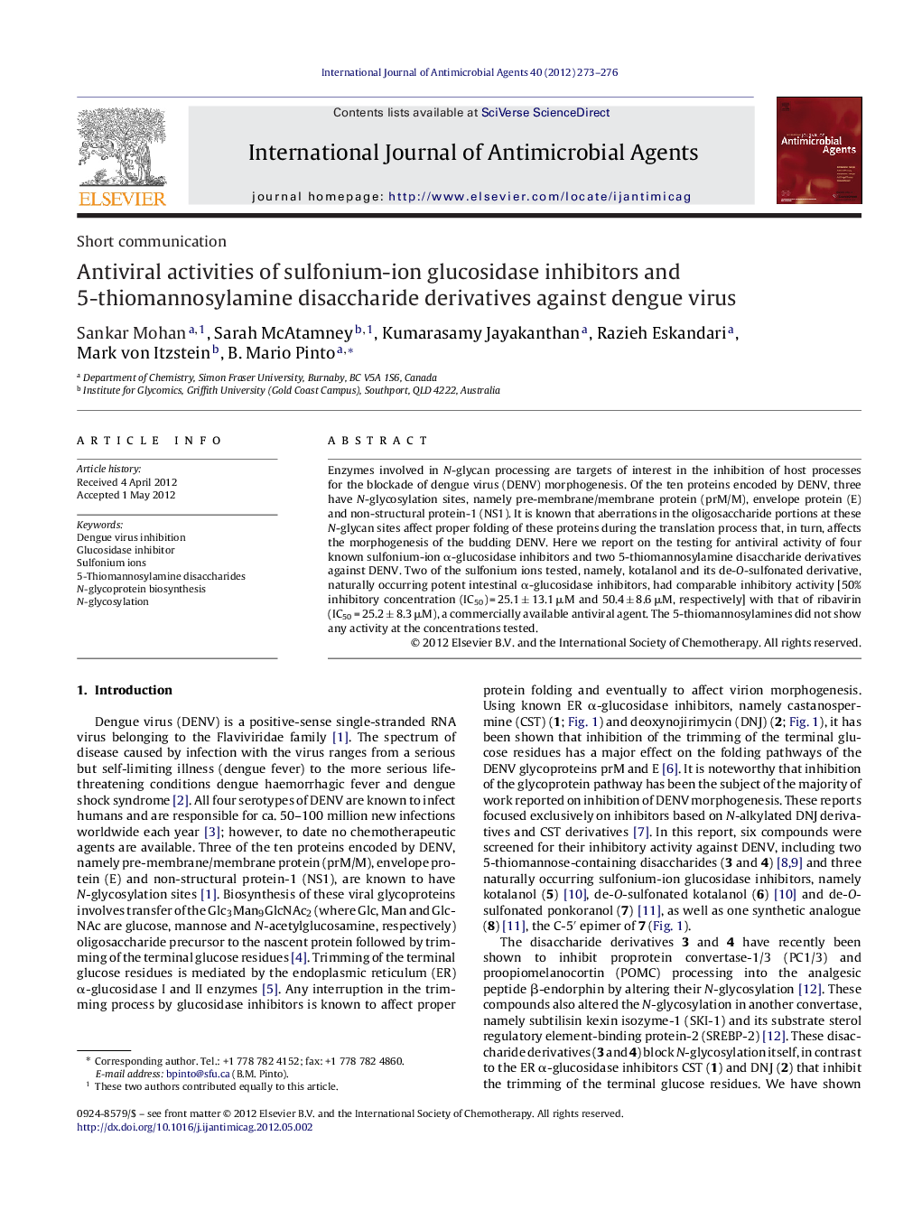 Antiviral activities of sulfonium-ion glucosidase inhibitors and 5-thiomannosylamine disaccharide derivatives against dengue virus