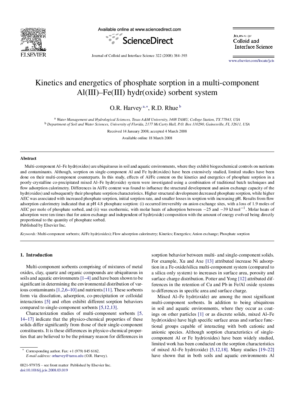 Kinetics and energetics of phosphate sorption in a multi-component Al(III)–Fe(III) hydr(oxide) sorbent system