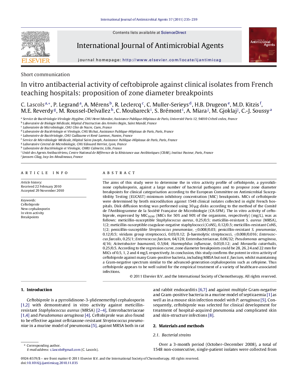 In vitro antibacterial activity of ceftobiprole against clinical isolates from French teaching hospitals: proposition of zone diameter breakpoints