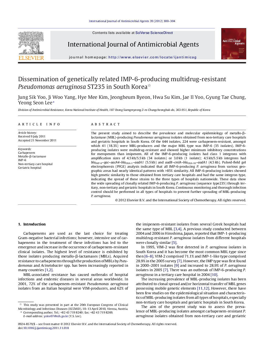 Dissemination of genetically related IMP-6-producing multidrug-resistant Pseudomonas aeruginosa ST235 in South Korea