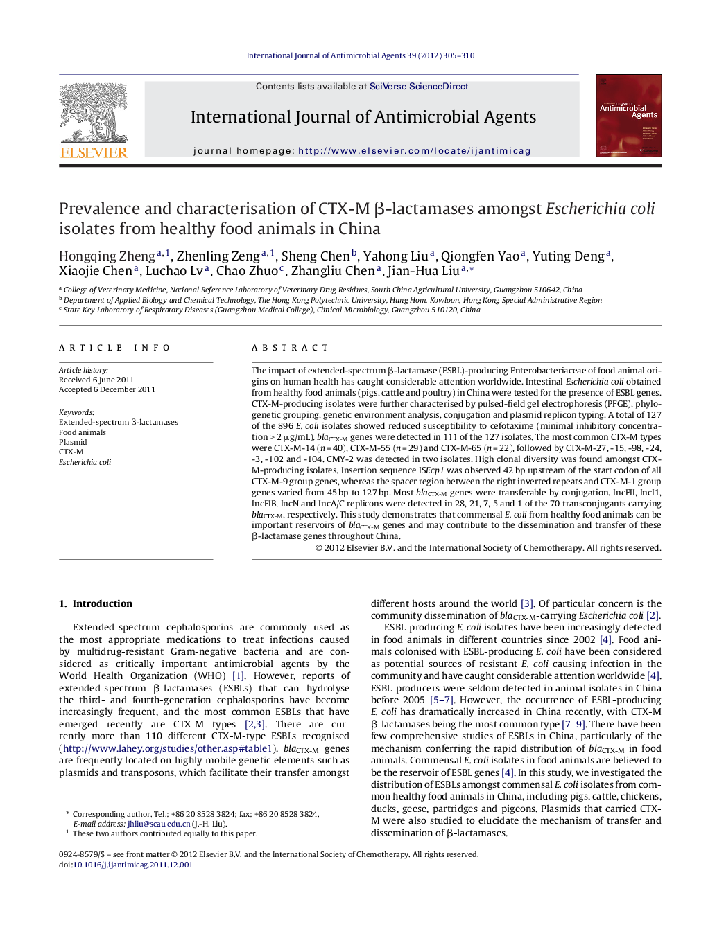 Prevalence and characterisation of CTX-M Î²-lactamases amongst Escherichia coli isolates from healthy food animals in China