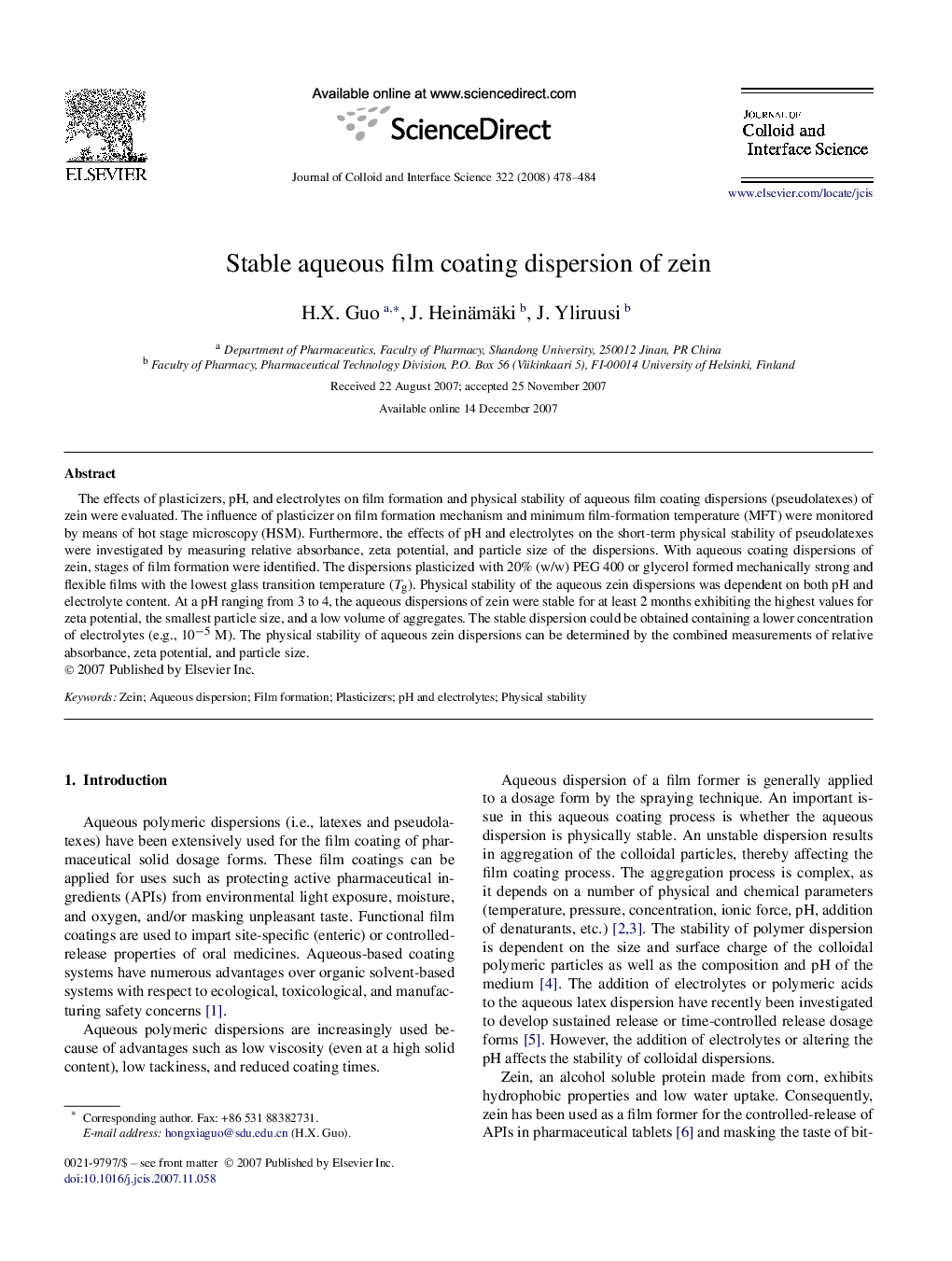 Stable aqueous film coating dispersion of zein