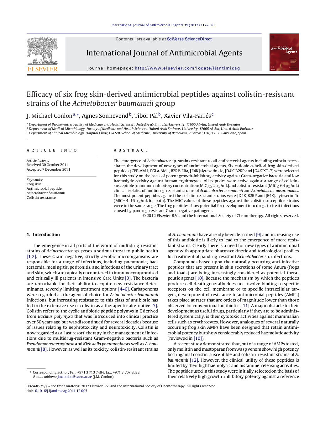 Efficacy of six frog skin-derived antimicrobial peptides against colistin-resistant strains of the Acinetobacter baumannii group