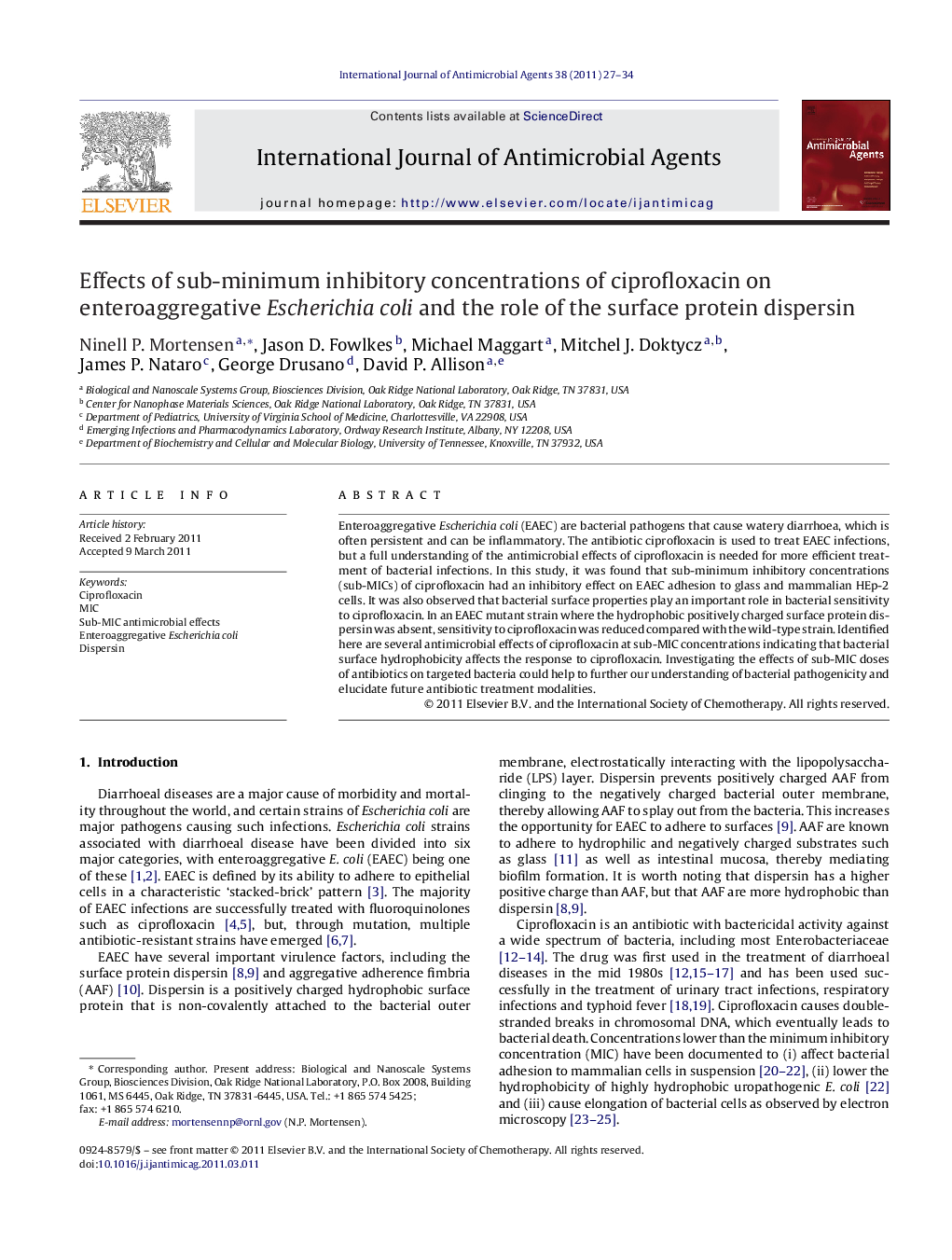 Effects of sub-minimum inhibitory concentrations of ciprofloxacin on enteroaggregative Escherichia coli and the role of the surface protein dispersin