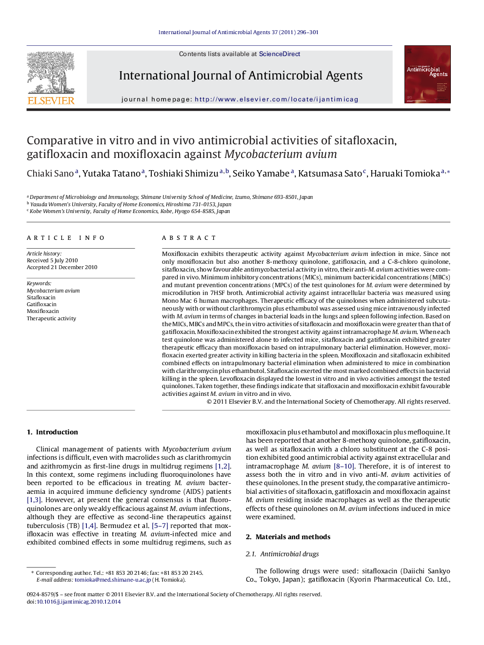 Comparative in vitro and in vivo antimicrobial activities of sitafloxacin, gatifloxacin and moxifloxacin against Mycobacterium avium