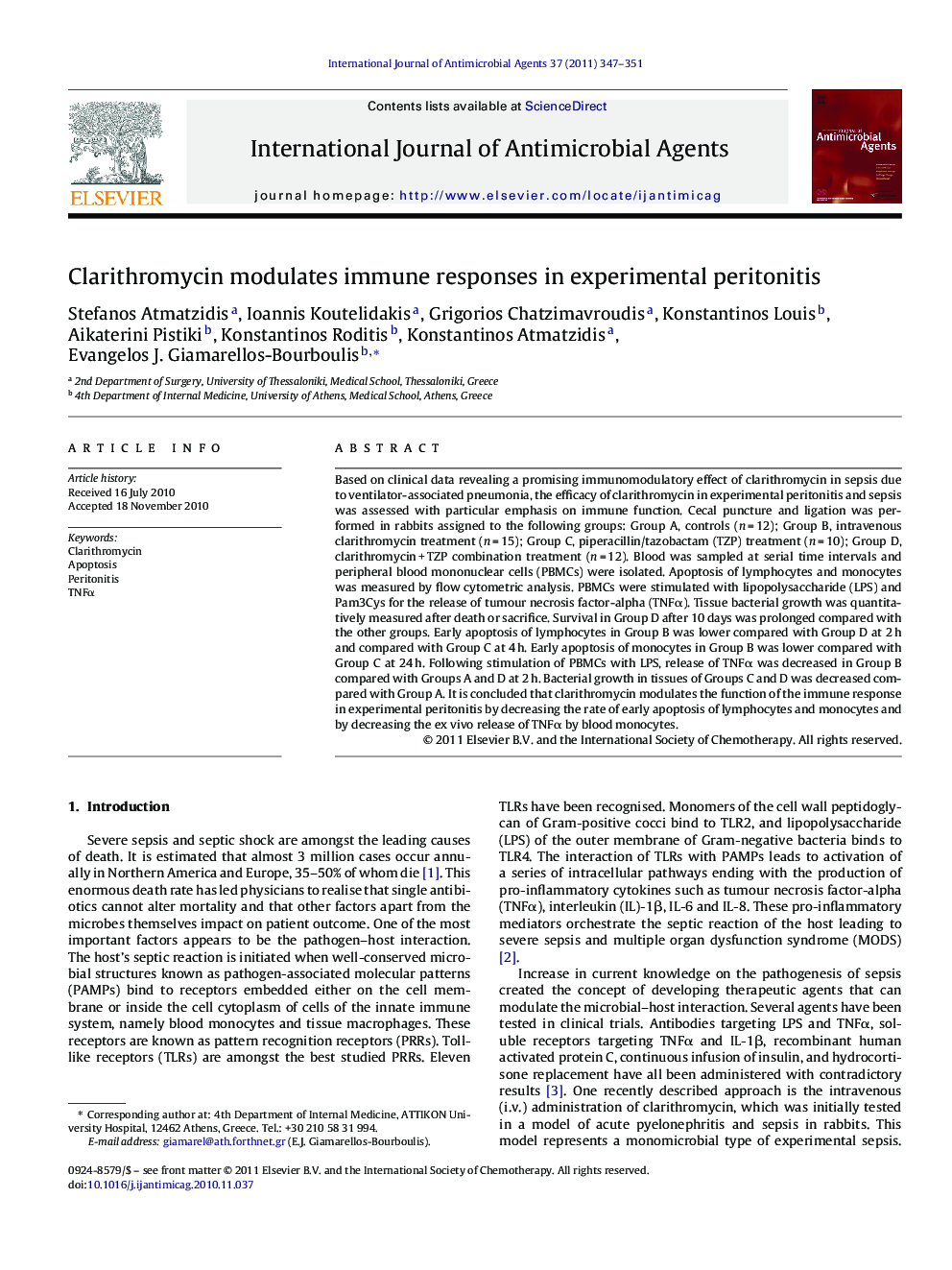 Clarithromycin modulates immune responses in experimental peritonitis