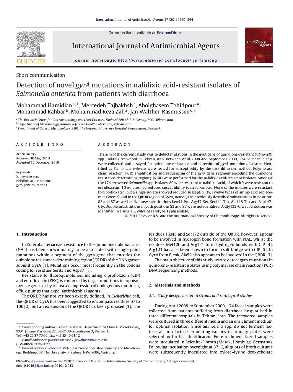 Detection of novel gyrA mutations in nalidixic acid-resistant isolates of Salmonella enterica from patients with diarrhoea