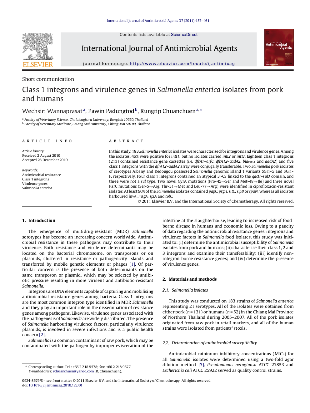 Class 1 integrons and virulence genes in Salmonella enterica isolates from pork and humans