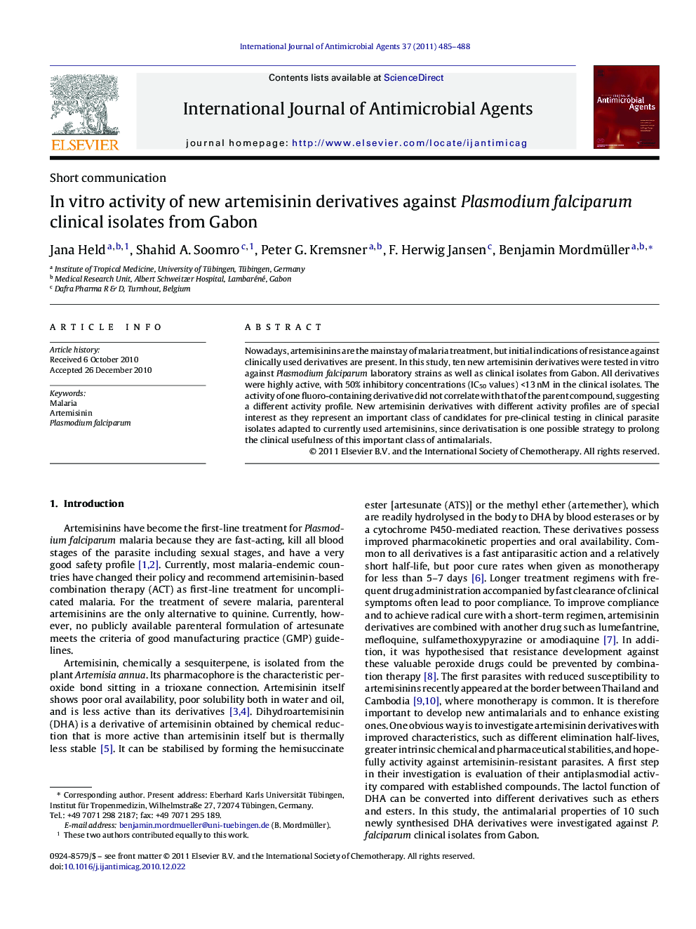 In vitro activity of new artemisinin derivatives against Plasmodium falciparum clinical isolates from Gabon