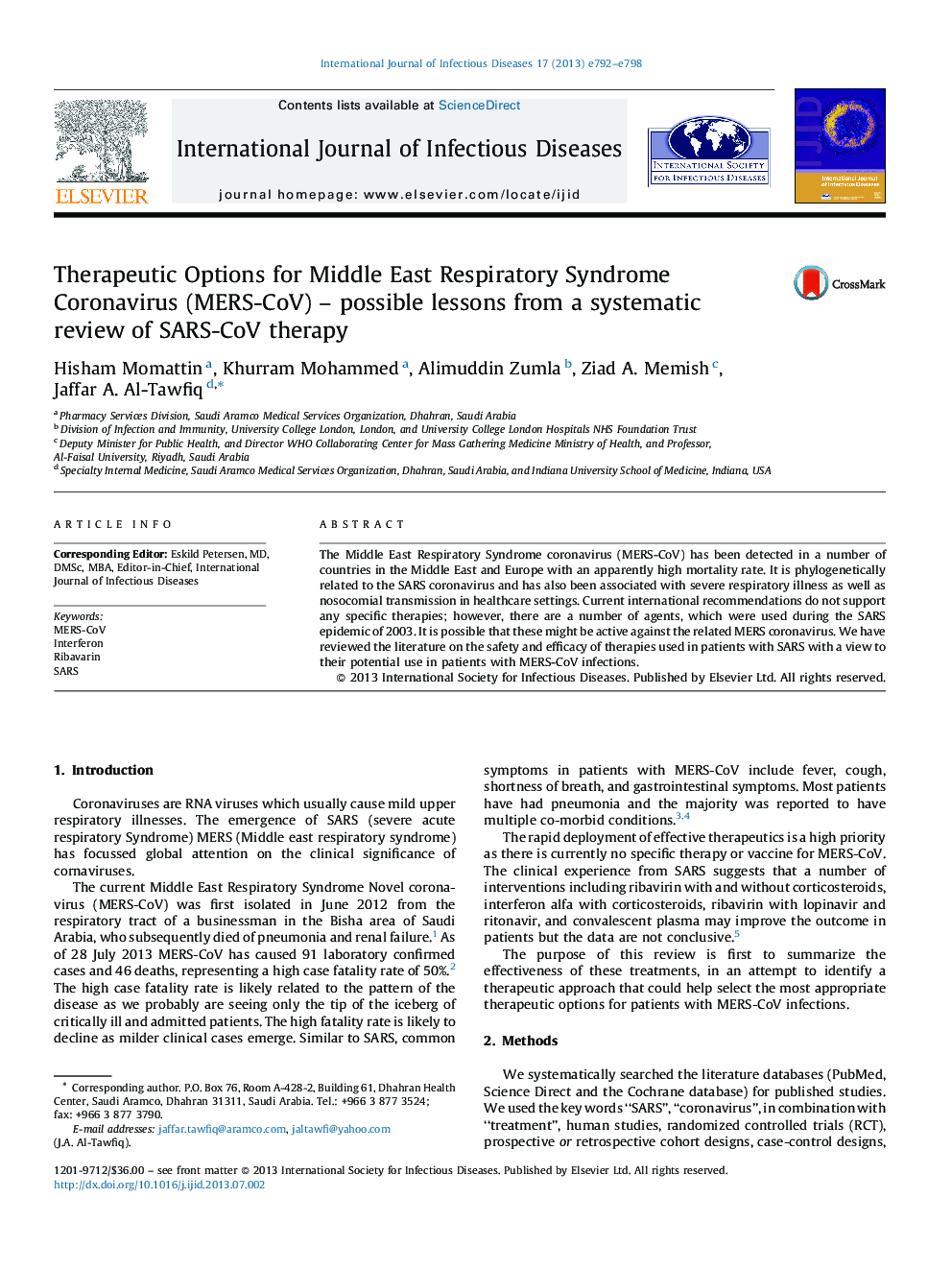 Therapeutic Options for Middle East Respiratory Syndrome Coronavirus (MERS-CoV) - possible lessons from a systematic review of SARS-CoV therapy