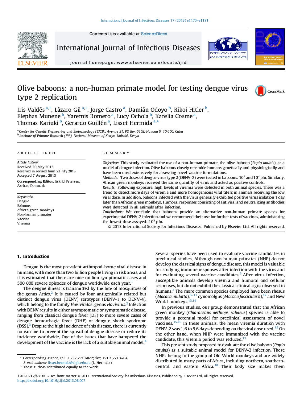 Olive baboons: a non-human primate model for testing dengue virus type 2 replication