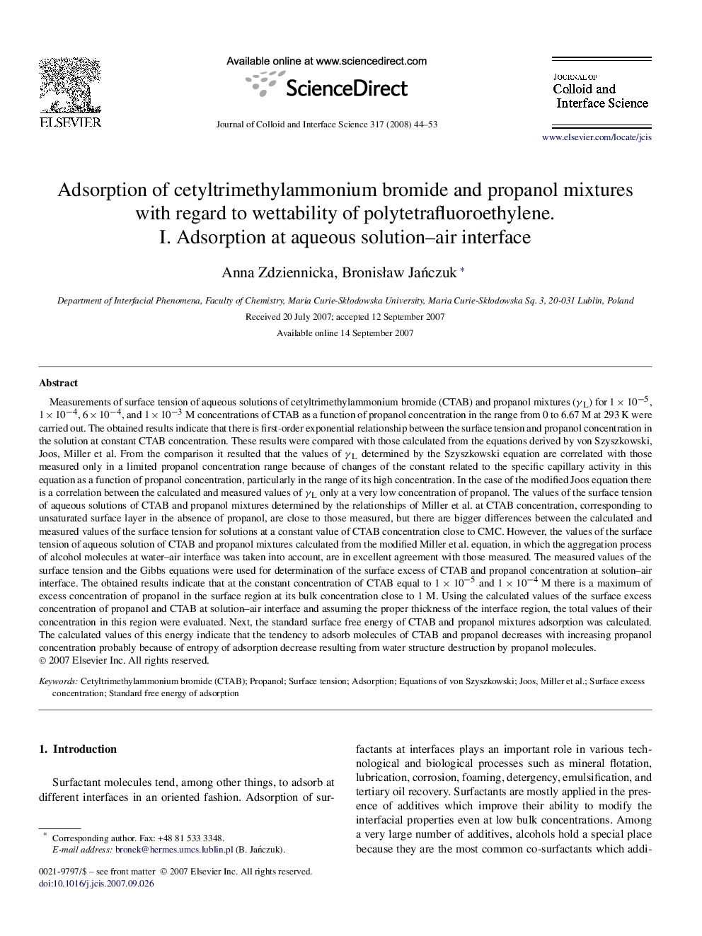 Adsorption of cetyltrimethylammonium bromide and propanol mixtures with regard to wettability of polytetrafluoroethylene. I. Adsorption at aqueous solution–air interface