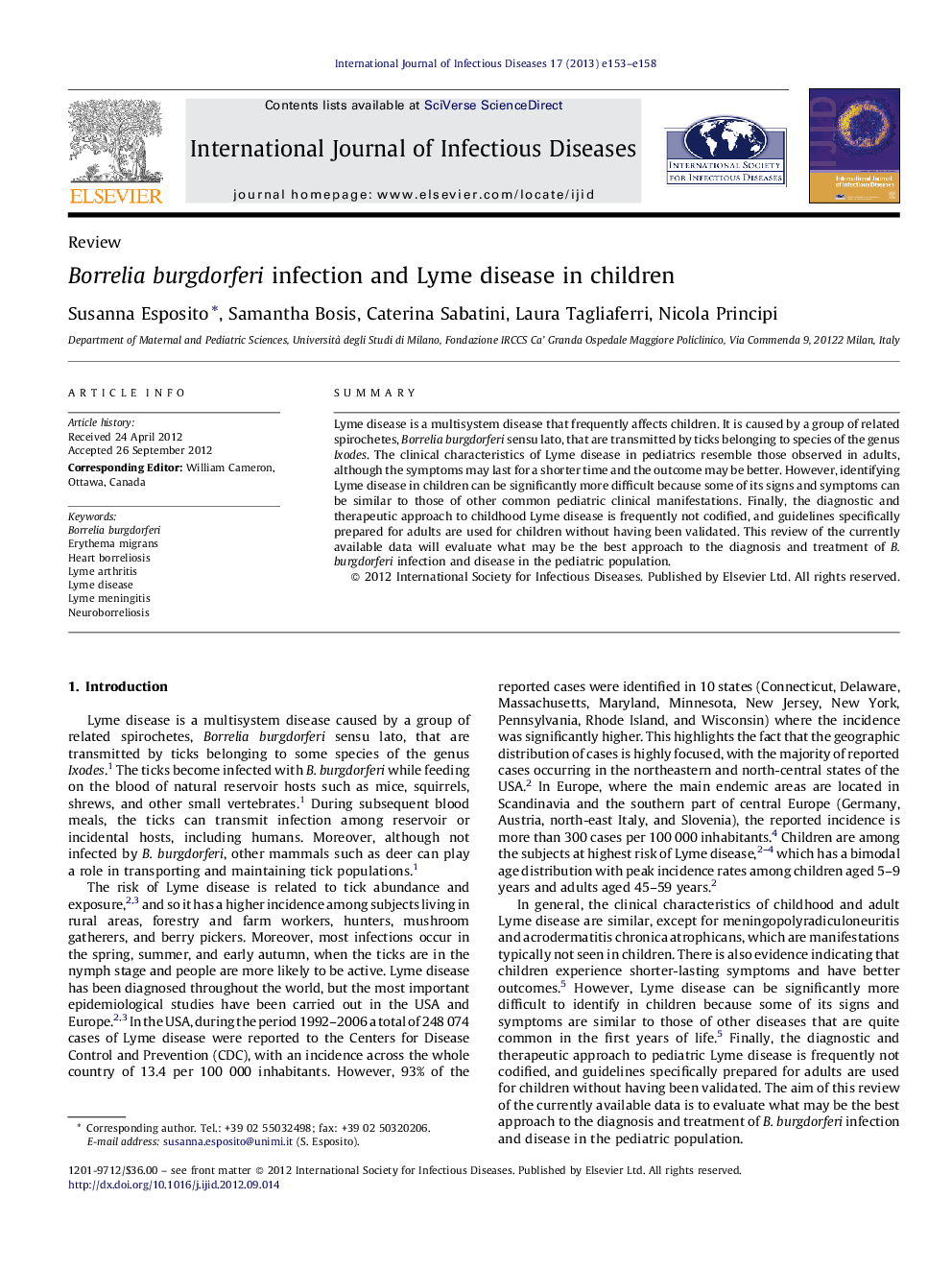 Borrelia burgdorferi infection and Lyme disease in children