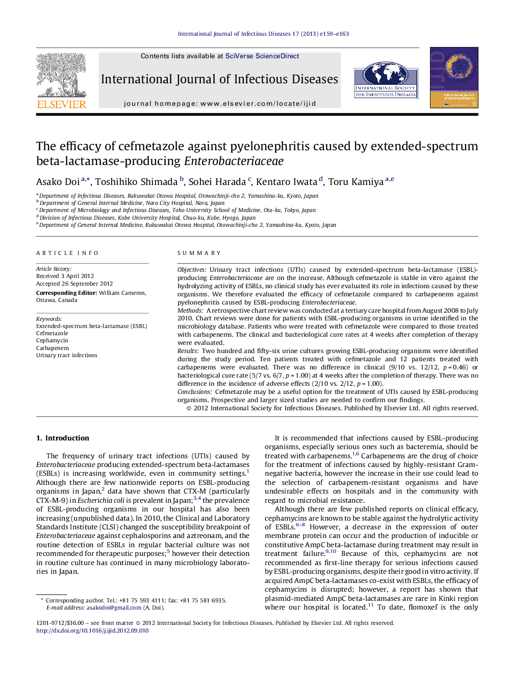 The efficacy of cefmetazole against pyelonephritis caused by extended-spectrum beta-lactamase-producing Enterobacteriaceae