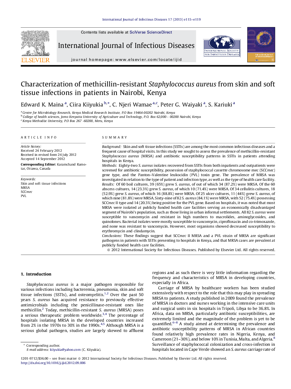 Characterization of methicillin-resistant Staphylococcus aureus from skin and soft tissue infections in patients in Nairobi, Kenya