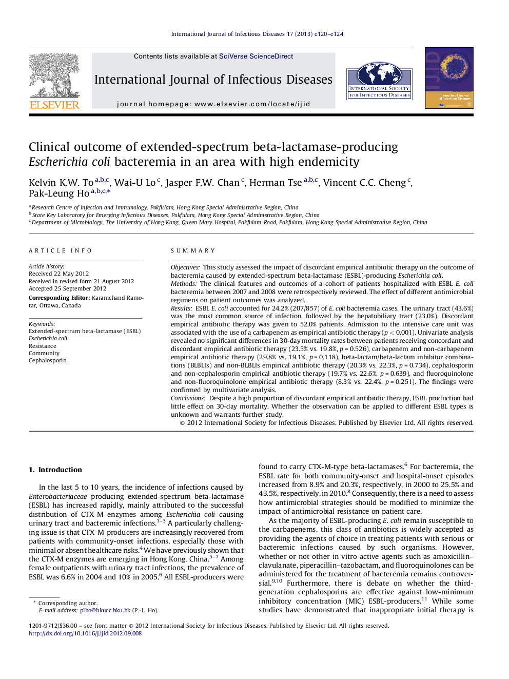 Clinical outcome of extended-spectrum beta-lactamase-producing Escherichia coli bacteremia in an area with high endemicity