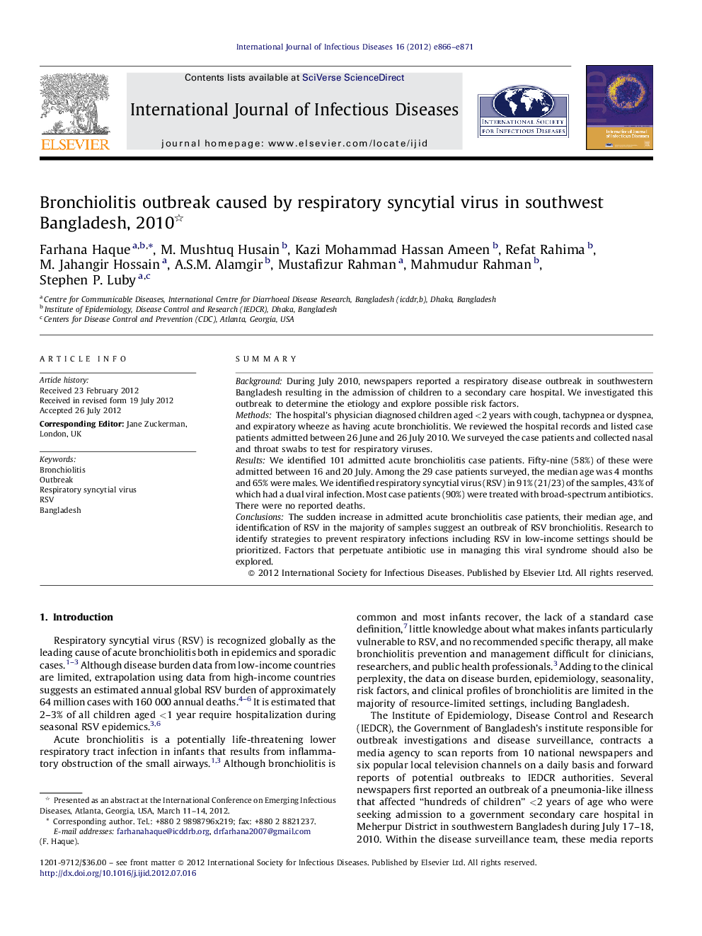 Bronchiolitis outbreak caused by respiratory syncytial virus in southwest Bangladesh, 2010