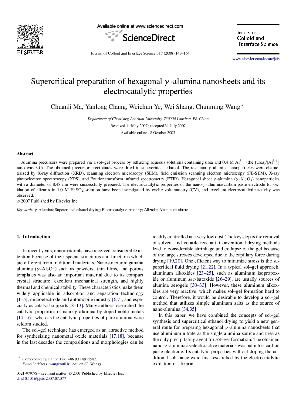 Supercritical preparation of hexagonal γ-alumina nanosheets and its electrocatalytic properties