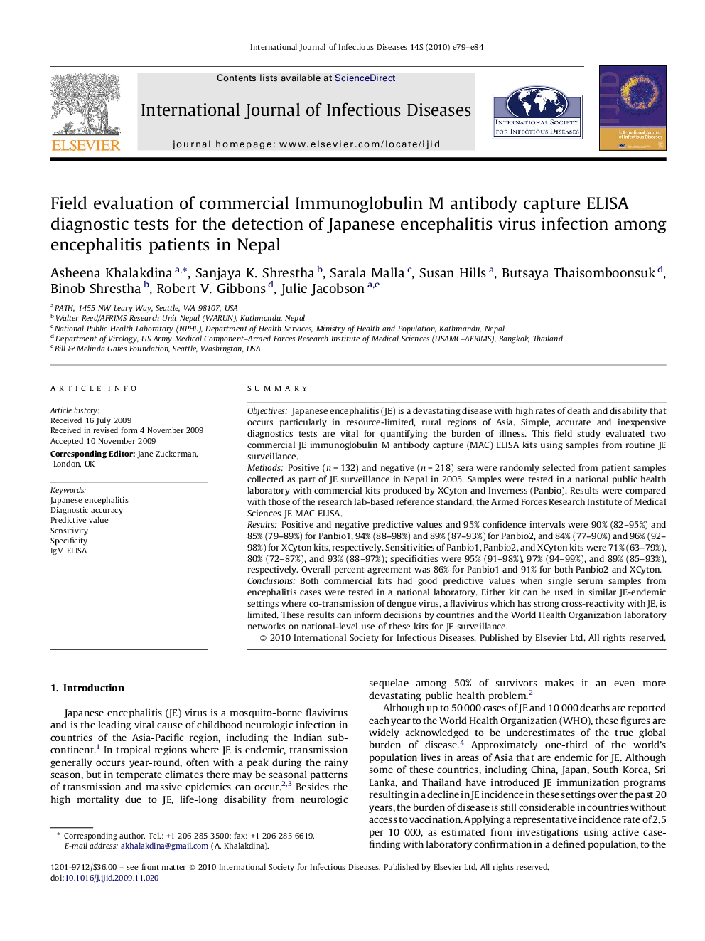 Field evaluation of commercial Immunoglobulin M antibody capture ELISA diagnostic tests for the detection of Japanese encephalitis virus infection among encephalitis patients in Nepal