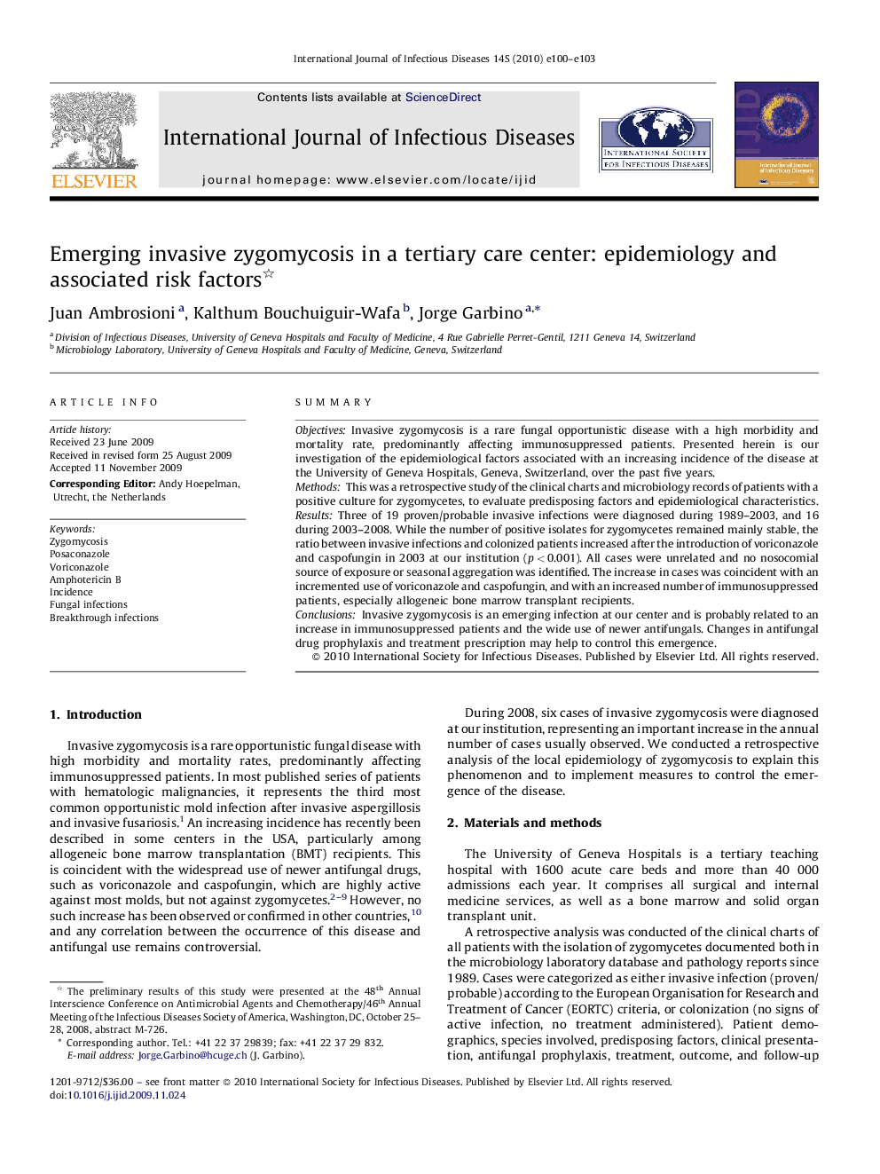 Emerging invasive zygomycosis in a tertiary care center: epidemiology and associated risk factors