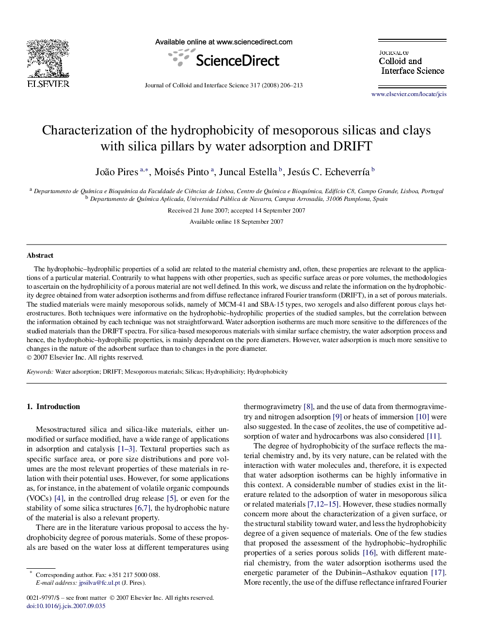 Characterization of the hydrophobicity of mesoporous silicas and clays with silica pillars by water adsorption and DRIFT