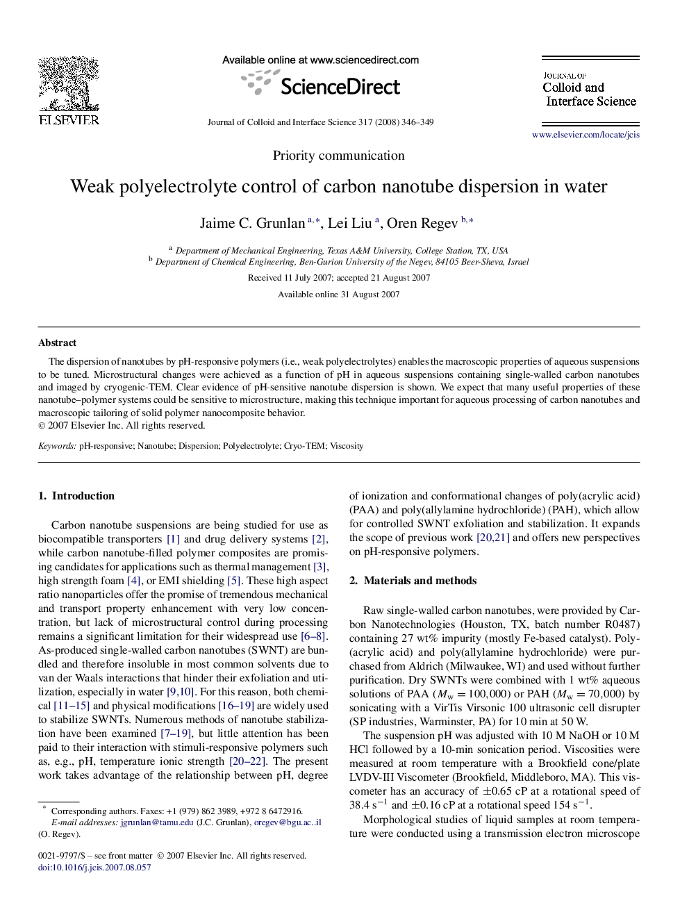 Weak polyelectrolyte control of carbon nanotube dispersion in water