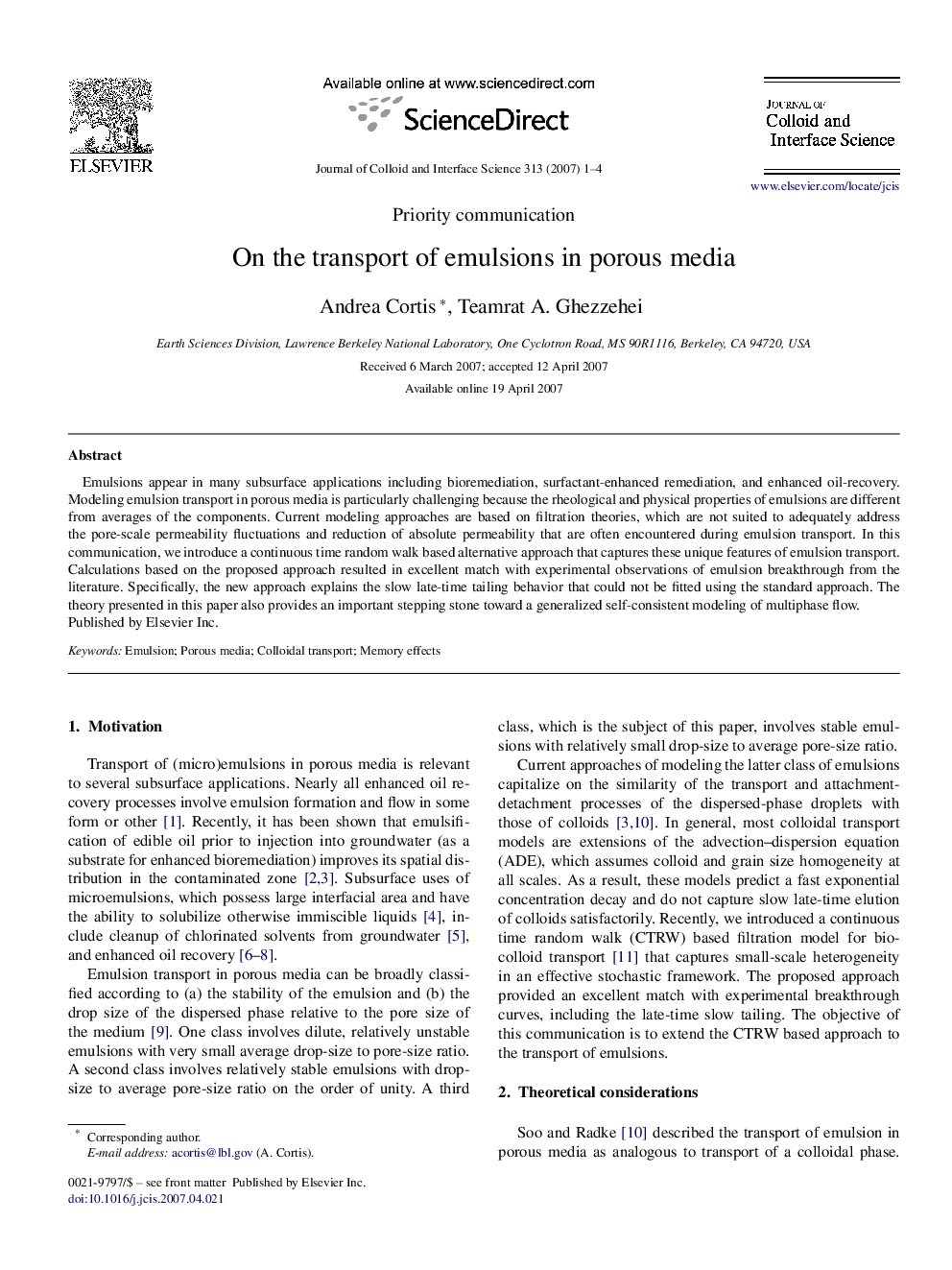 On the transport of emulsions in porous media