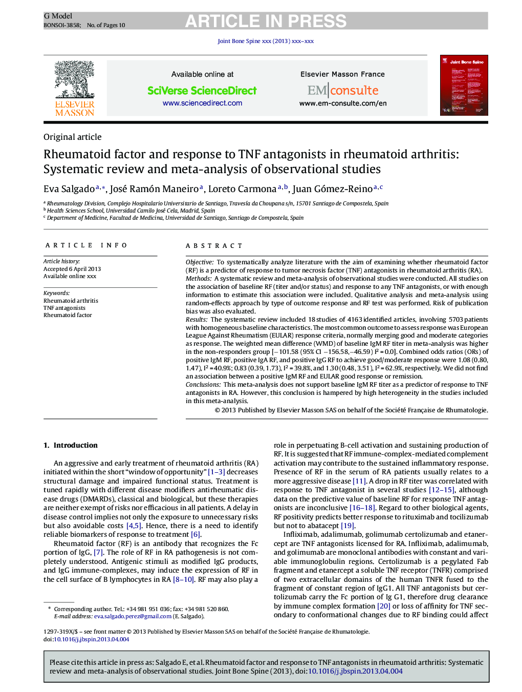 Rheumatoid factor and response to TNF antagonists in rheumatoid arthritis: Systematic review and meta-analysis of observational studies