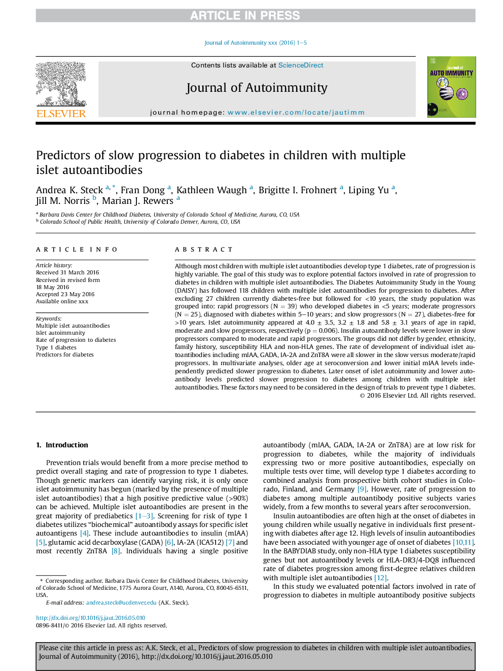 Predictors of slow progression to diabetes in children with multiple islet autoantibodies