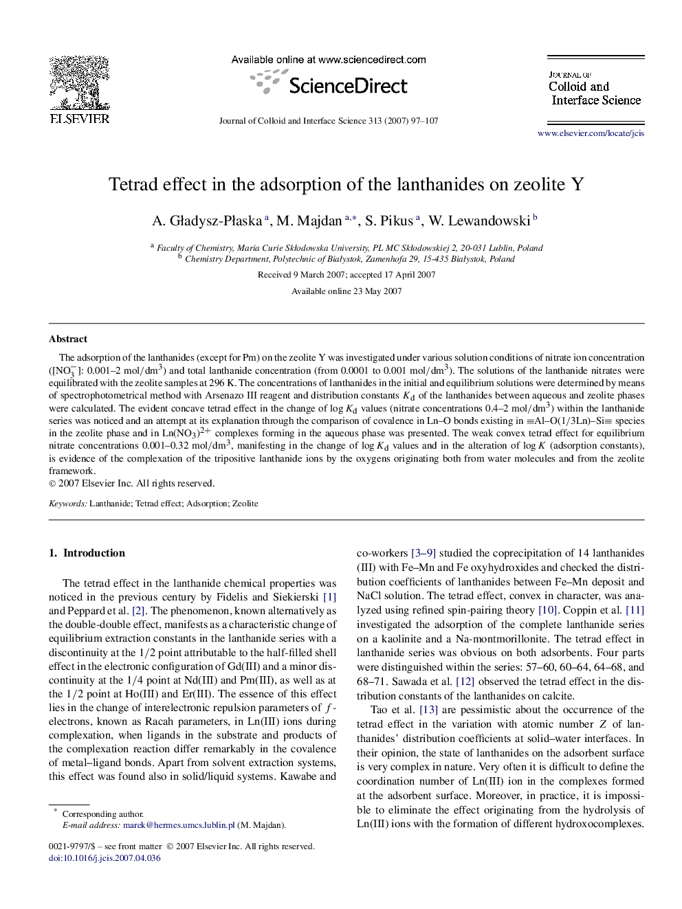 Tetrad effect in the adsorption of the lanthanides on zeolite Y