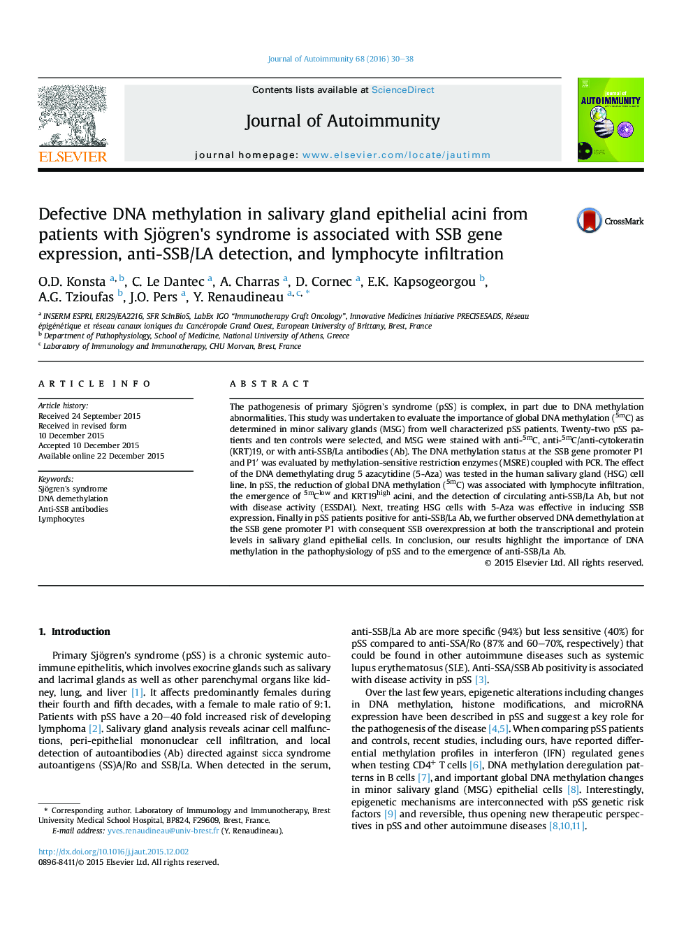 Defective DNA methylation in salivary gland epithelial acini from patients with Sjögren's syndrome is associated with SSB gene expression, anti-SSB/LA detection, and lymphocyte infiltration