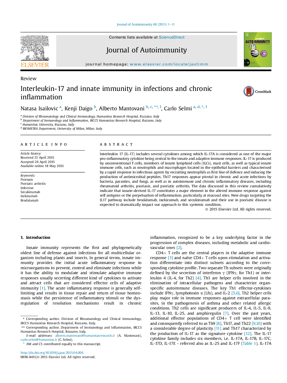 Interleukin-17 and innate immunity in infections and chronic inflammation