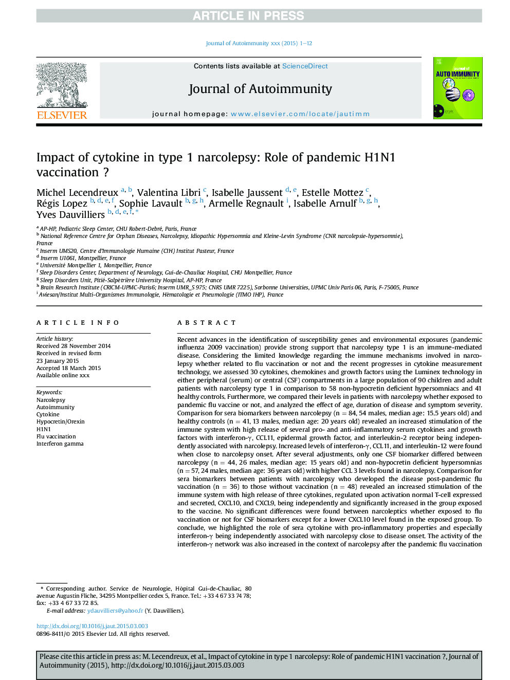 Impact of cytokine in type 1 narcolepsy: Role of pandemic H1N1 vaccination ?