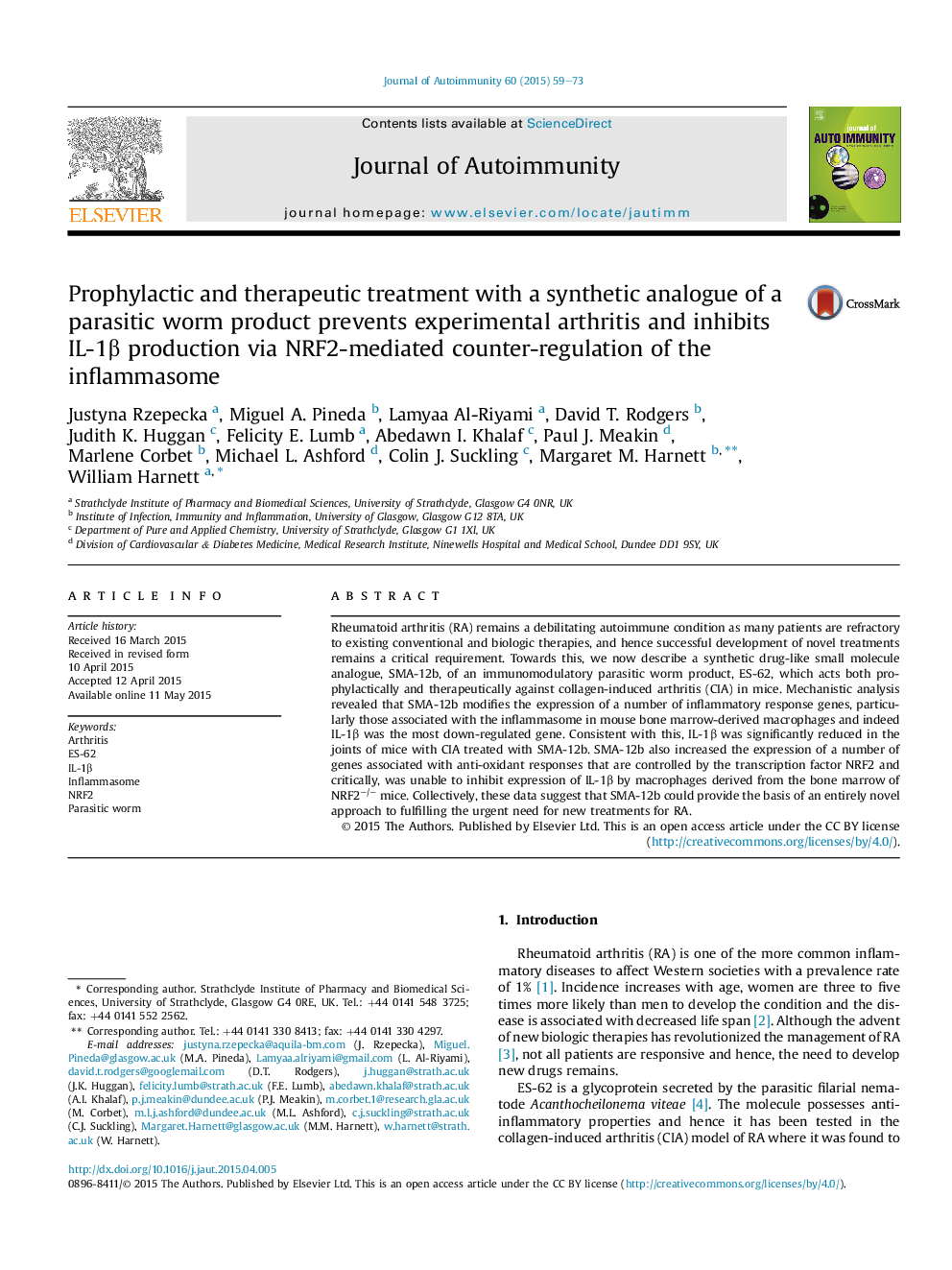 Prophylactic and therapeutic treatment with a synthetic analogue of a parasitic worm product prevents experimental arthritis and inhibits IL-1Î² production via NRF2-mediated counter-regulation of the inflammasome