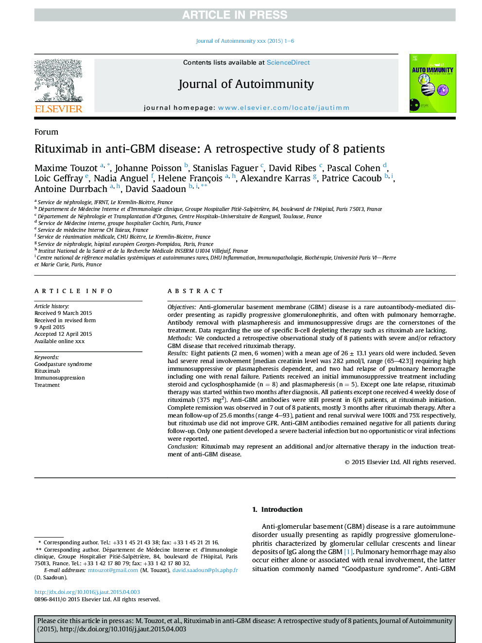 Rituximab in anti-GBM disease: A retrospective study of 8 patients