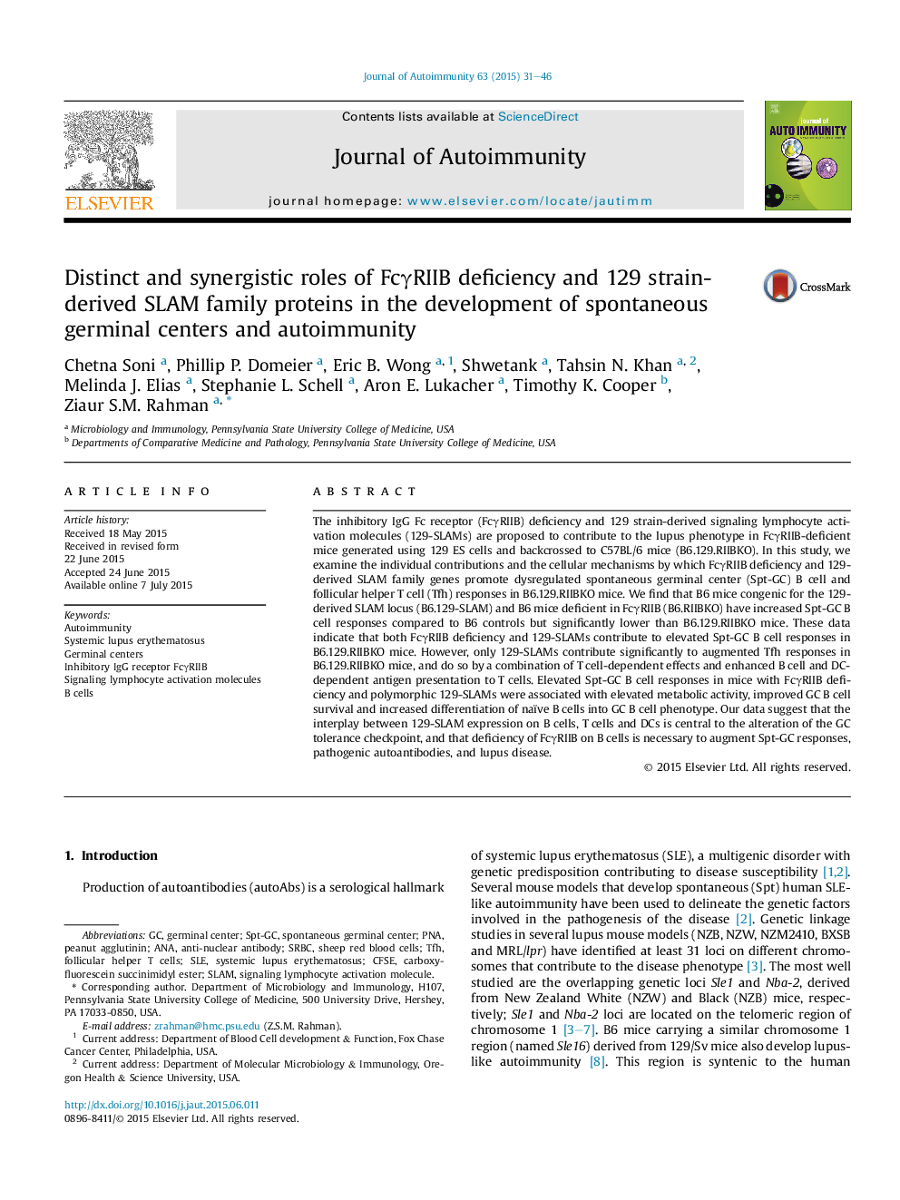 Distinct and synergistic roles of FcÎ³RIIB deficiency and 129 strain-derived SLAM family proteins in the development of spontaneous germinal centers and autoimmunity