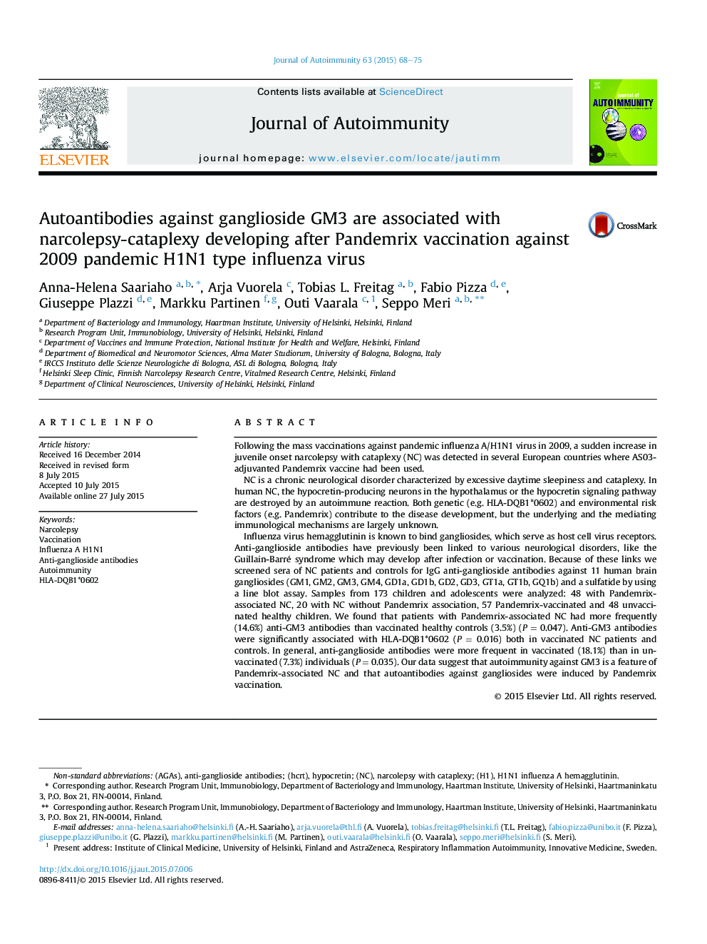 Autoantibodies against ganglioside GM3 are associated with narcolepsy-cataplexy developing after Pandemrix vaccination against 2009 pandemic H1N1 type influenza virus