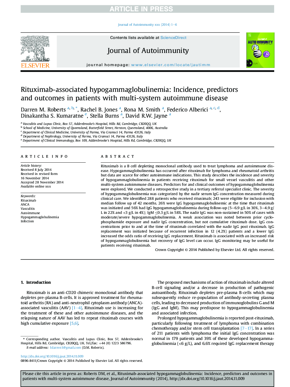 Rituximab-associated hypogammaglobulinemia: Incidence, predictors and outcomes in patients with multi-system autoimmune disease