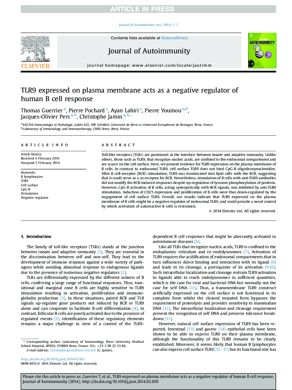 TLR9 expressed on plasma membrane acts as a negative regulator of human B cell response