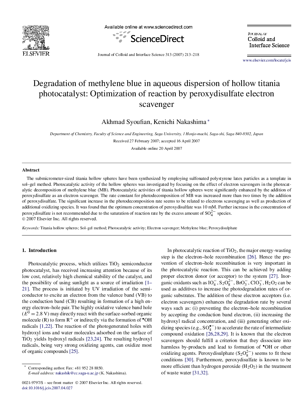 Degradation of methylene blue in aqueous dispersion of hollow titania photocatalyst: Optimization of reaction by peroxydisulfate electron scavenger